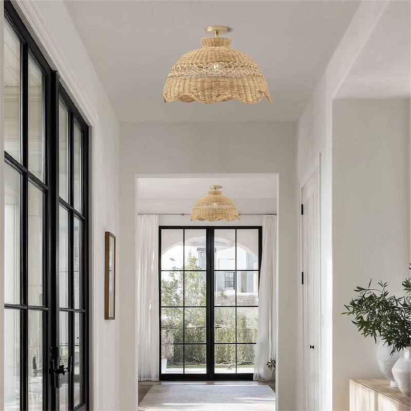 Le Perle Rattan Flush Mount Rattan Natural Handwoven Ceiling Light for Bedroom or Hallway in Farmhouse, Boho, Country Style
