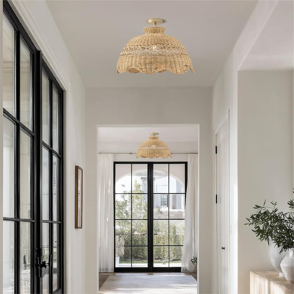 Le Perle Rattan Flush Mount Rattan Natural Handwoven Ceiling Light for Bedroom or Hallway in Farmhouse, Boho, Country Style