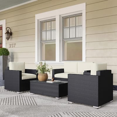 4PCS PE Rattan Patio Set, Sofa Chaise Coffee Table, All Weather