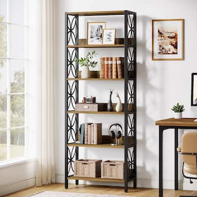 6-Tier Tall Bookcase with Metal Frame for Small Spaces - Black/Brown