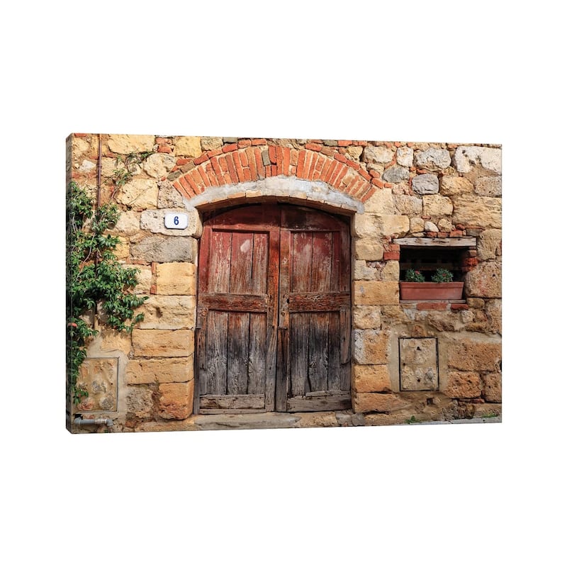 iCanvas "Italy, Monteriggioni. Stone wall, wooden door with planted geraniums." by Emily Wilson Canvas Print