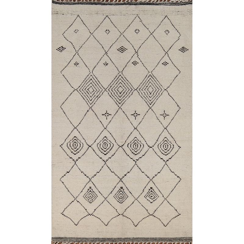 Trellis Moroccan Area Rug Hand-Knotted Geometric Beige Wool Carpet - 5'1"x 8'8"