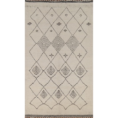Trellis Moroccan Area Rug Hand-Knotted Geometric Beige Wool Carpet - 5'1"x 8'8"