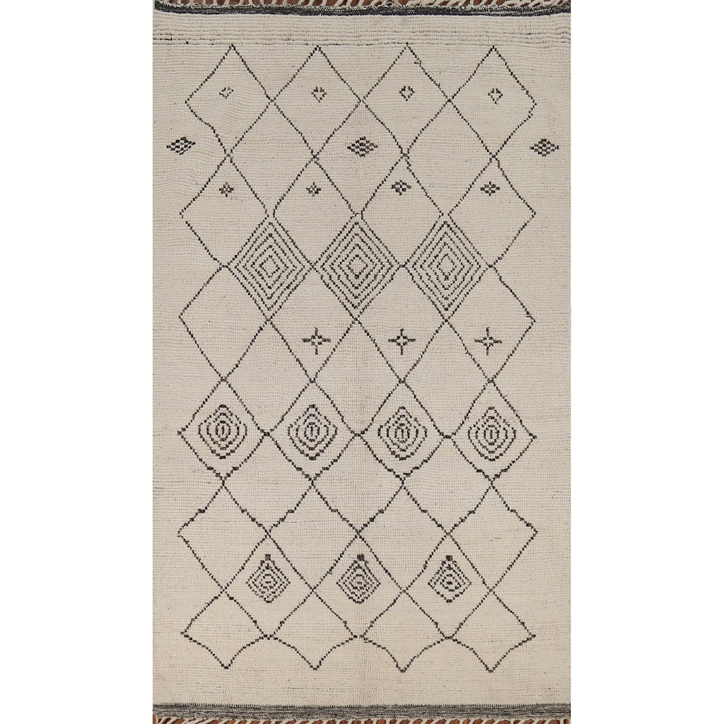 Trellis Moroccan Area Rug Hand-Knotted Geometric Beige Wool Carpet - 5'1"x 8'8"