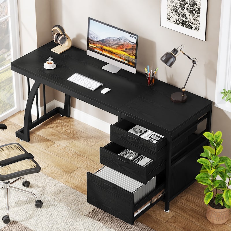 59 Inch Computer Desk with 3 Drawers, Industrial PC Desk Study Writing Table Workstation with File Storage, Home Office Desks - Black