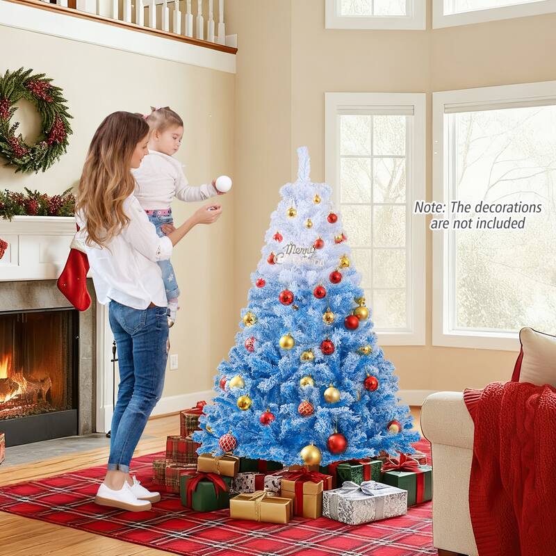 Gymax 5/6/7/8 FT Artificial Christmas Tree Hinged Snow Flocked Xmas - Blue, White