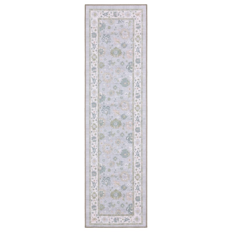 Addison Floral Traditional Blue/ Green Printed Washable Flat Pile Rug - 2' x 7'