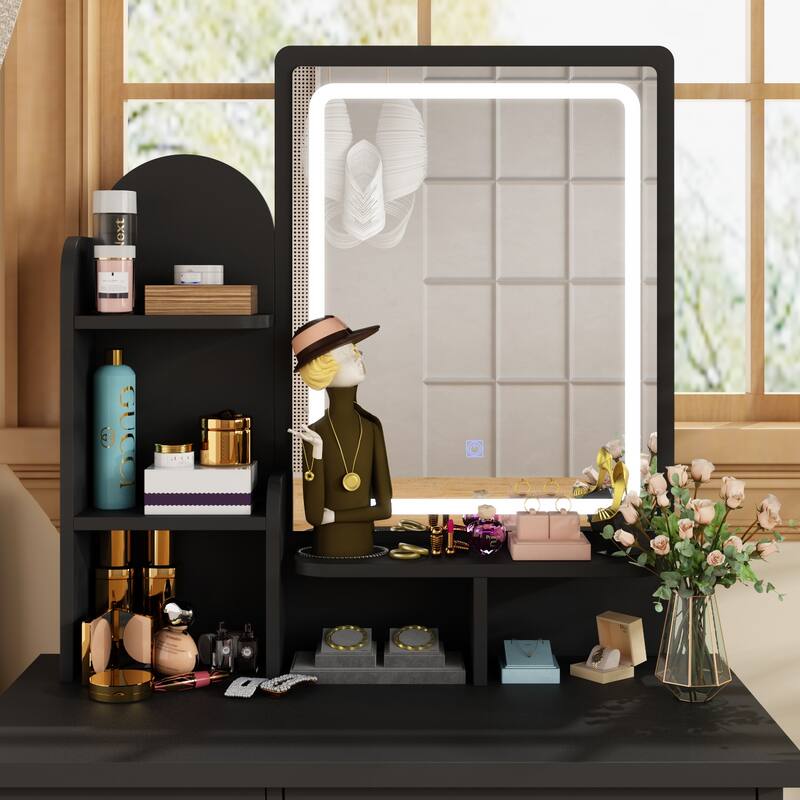 Vanity Desk with LED Lighted Mirror, Makeup Vanity Table with Drawers, Shelves and Stool