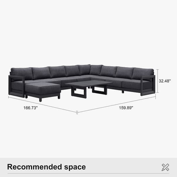 dimension image slide 11 of 14, PURPLE LEAF Caesar U-Shaped Grey Outdoor Couch with 9.6" Thick for Yard Porch Deck Patio Conversation Sets