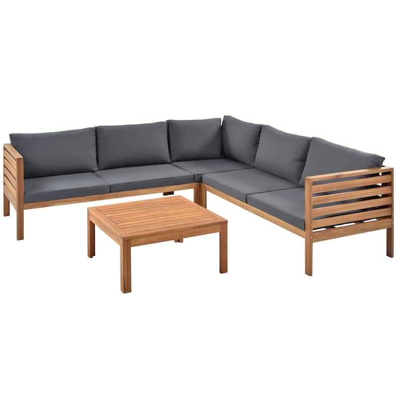 Roomfitters 3-Piece Outdoor Sectional Sofa Set with Coffee Table, Solid Wood Frame L-Shaped Patio Furniture