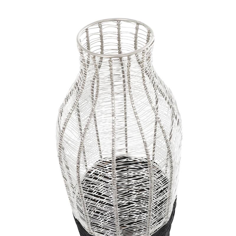 Silver Metal Tall Vase with Woven Black Rattan Base