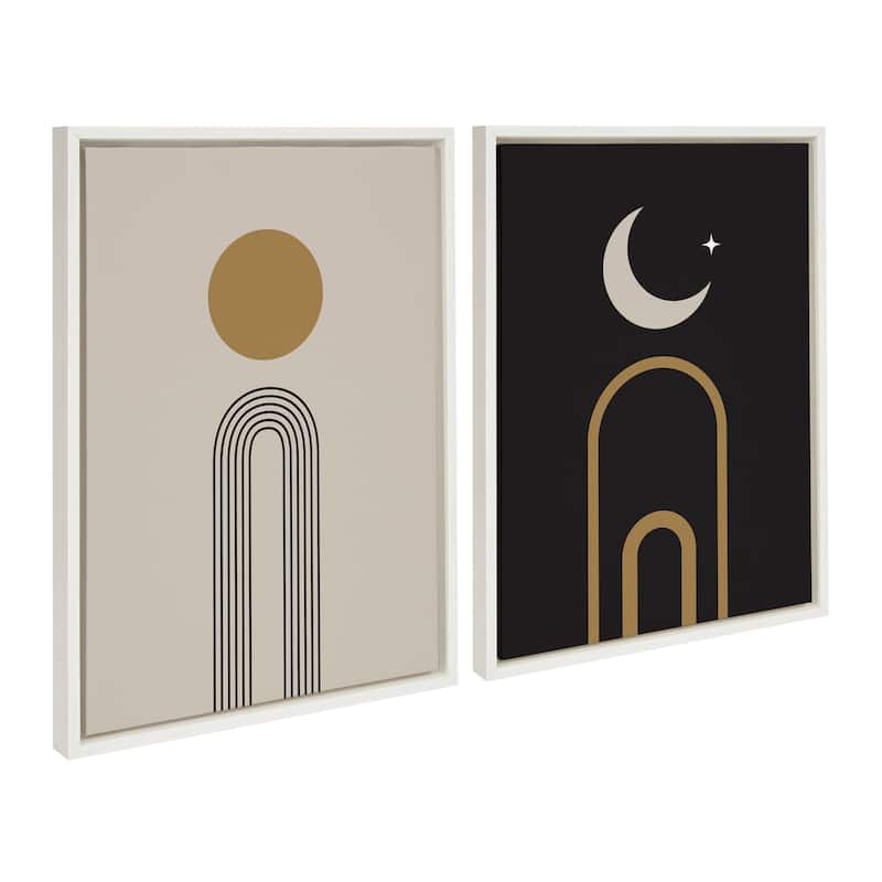 Kate and Laurel Sylvie Boho Minimalist Sunrise Rainbow and Boho Moon Arches Framed Canvas Art Set by The Creative Bunch Studio