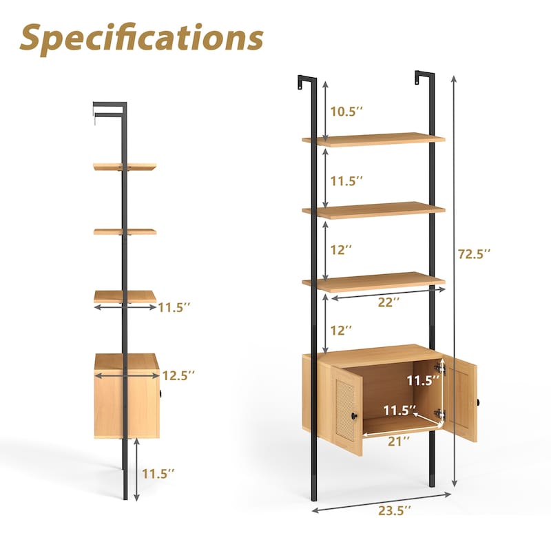 Natural Engineered Wood Ladder Bookshelf with Metal Frame and Rattan Doors - 23.5" x 12.5" x 72.5"