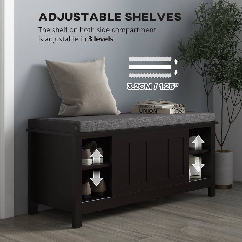 Shoe Bench Storage Ottoman with Sliding Doors, Adjustable Shelving, 6 Compartments, and Padded Seat
