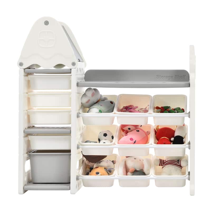 Roomfitters Bookshelf Organizer with 17 Bins and 5 Shelves, Multi Functional Storage Cabinet for Home