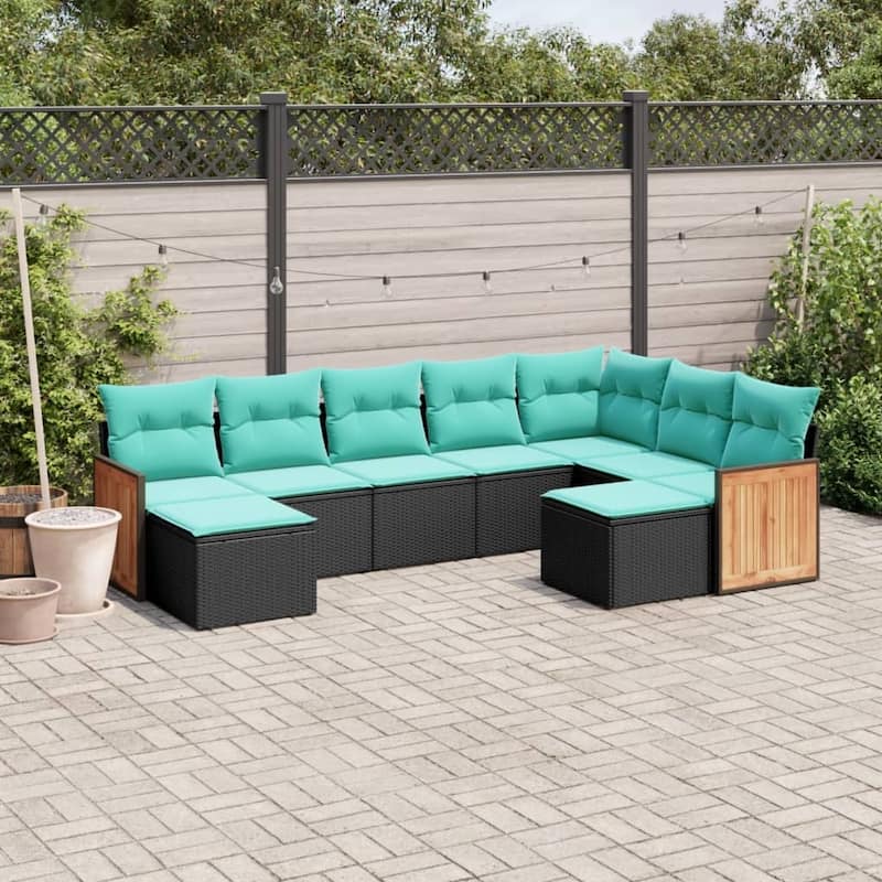 vidaXL 9 Piece Patio Sofa Set with Cushions Black Poly Rattan - 24.4x27.2x24.4-Without table