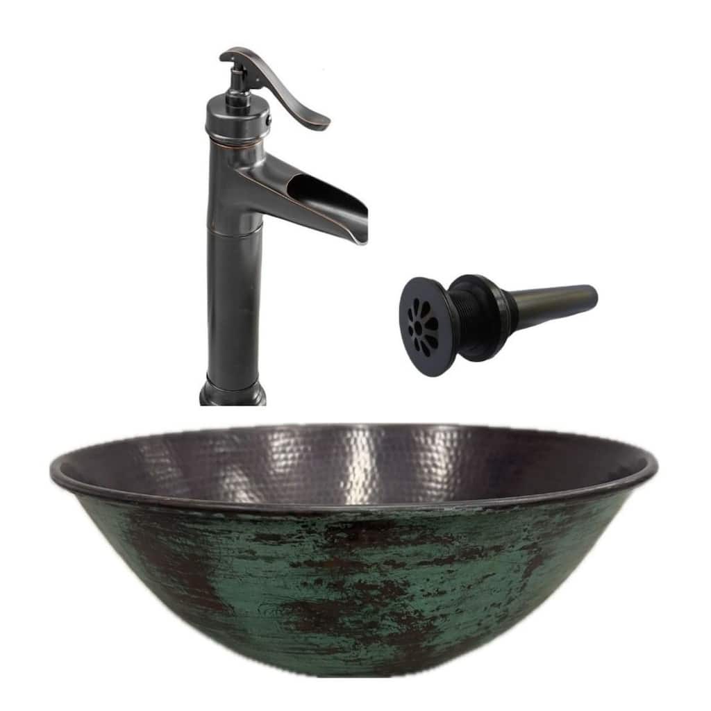 14" Round Copper Vessel Bathroom Sink Green Patina Exterior Pump Faucet & LT Drain Included - 14" X 14" X 5.5"