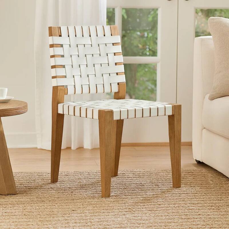 Rux 19 Inch Dining Chair, Woven Faux Leather Seat, Set of 2, White, Brown Wood