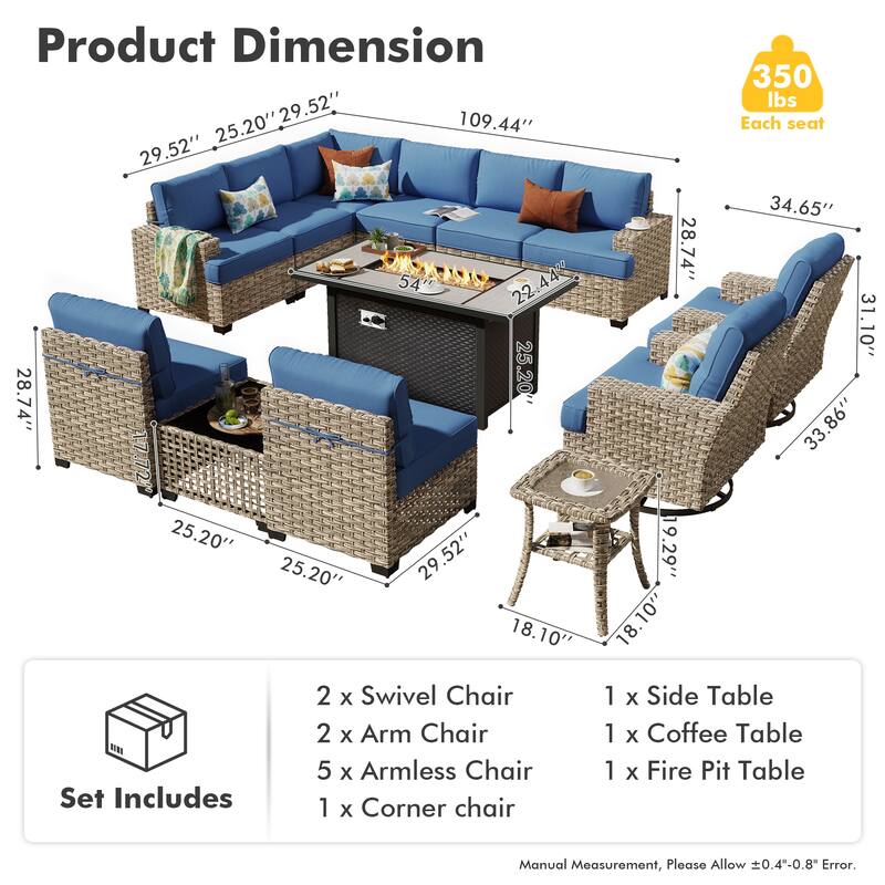 HOOOWOOO 13-piece Outdoor Wicker Furniture Swivel Chair Set with 54" Fire Pit Table