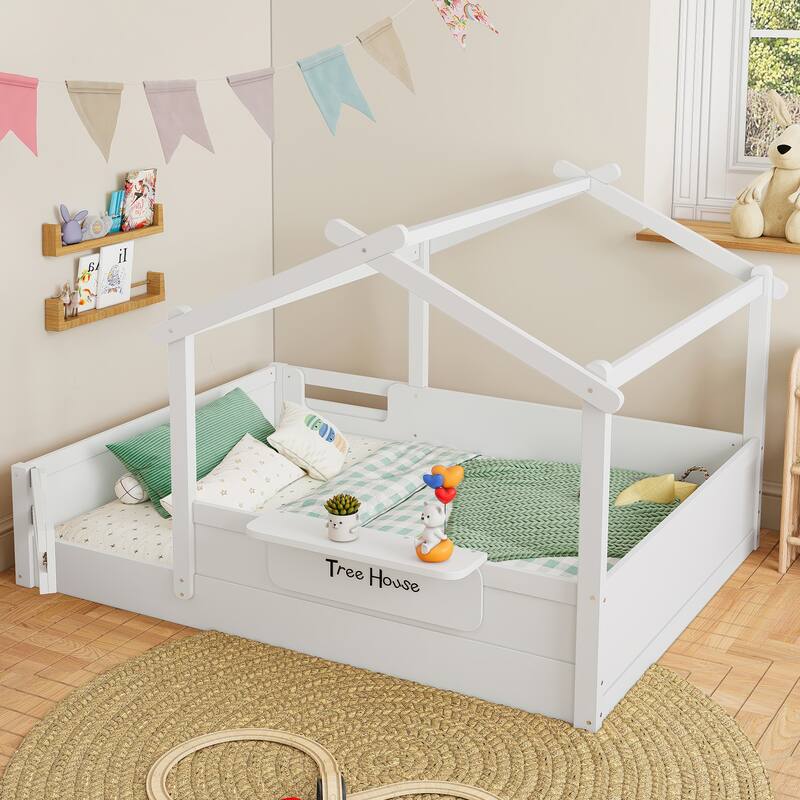 Full Size Floor Bed with Guardrails and Roof, Kids House Floor Bed with a Small Built-in Tray and Free-installed Signboard