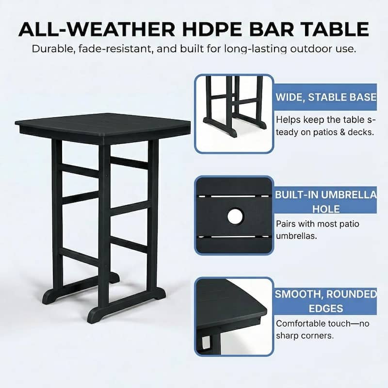 HDPE Poly Lumber Bar Height Patio Table, All-Weather Outdoor High Top Bistro Table, Slatted Top, Easy Assembly