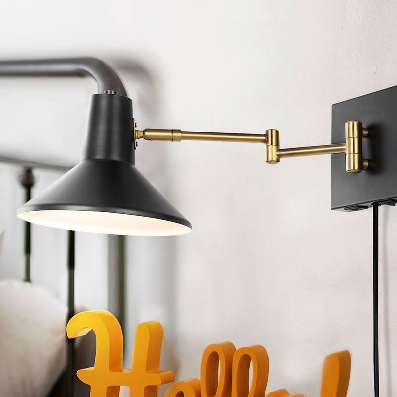 Max Swing Arm 1-Light Modern Midcentury Iron USB Charging Port LED Sconce, by JONATHAN Y - Black