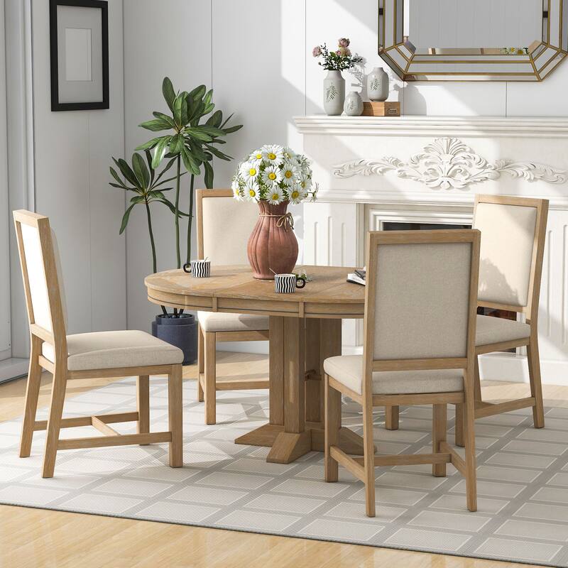 Farmhouse 5-Piece Wooden Dining Table Set with Extendable Round Table & 4 Chairs
