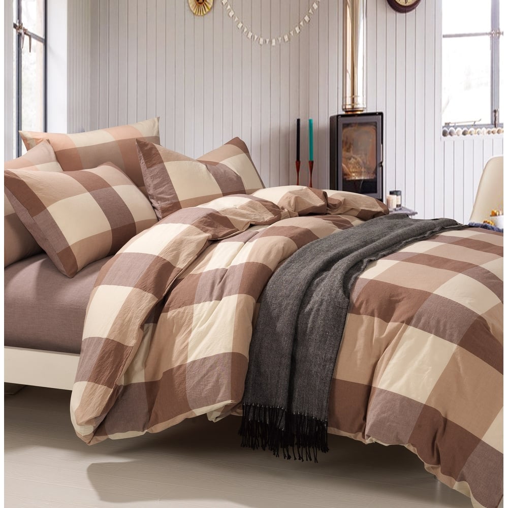 Cotton Plaid Windowpane Check 3-piece Duvet Cover Set