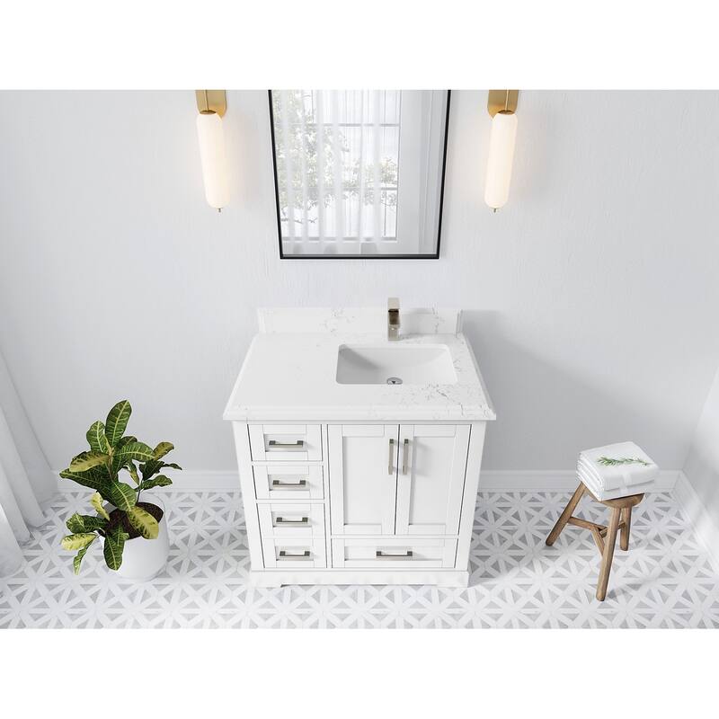 Willow Collections 36 x 22 Boston Right Offset Sink Bathroom Vanity with Quartz or Marble Countertop - 1.5"Empira - White