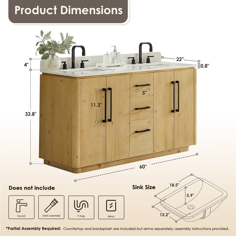 Serene Bathroom Vanity in Nature Brown with Grain White Engineered Stone Countertop without Mirror