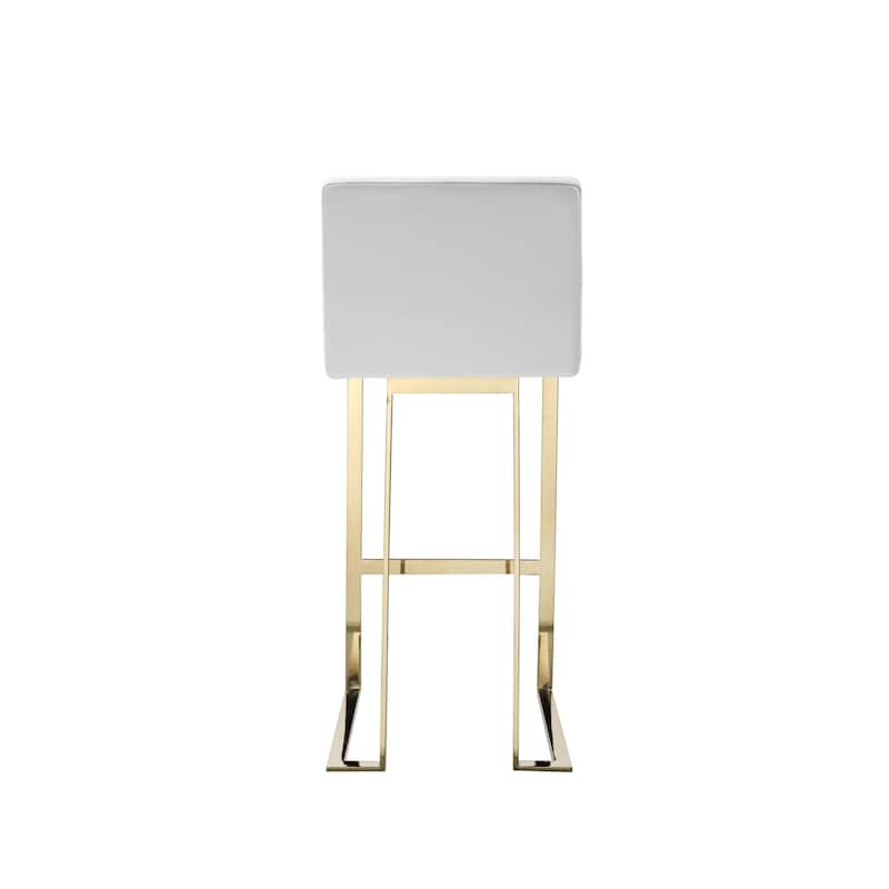Boly 30 Inch Barstool Chair, Cushioned White Faux Leather, Gold Cantilever