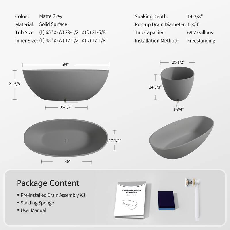 65" Matte Grey Solid Surface Bathtub