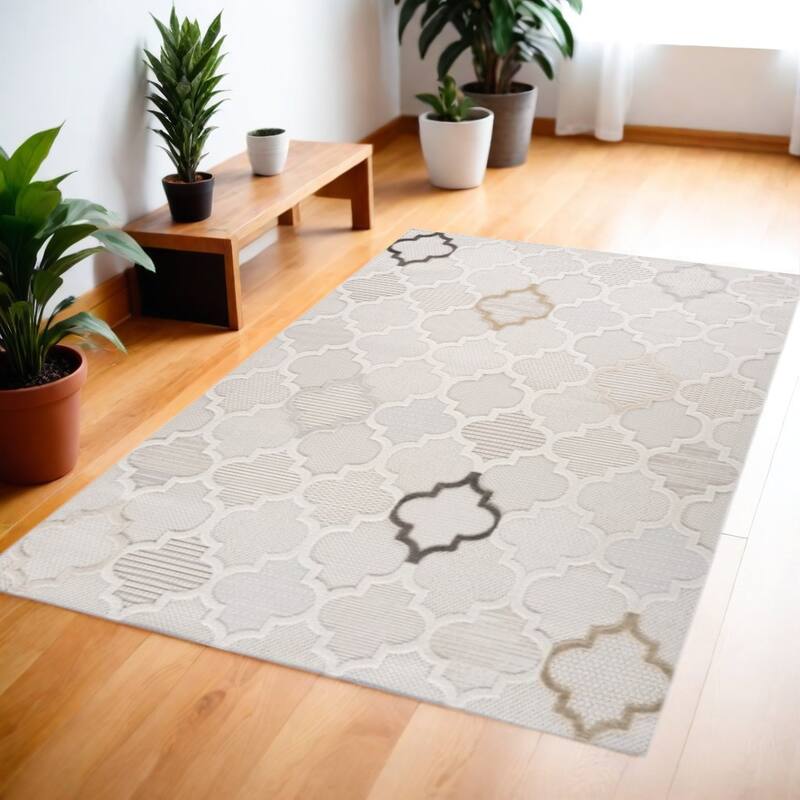 Biqi Distressed Geometric Stain Resistant Durable Area Rug By HomeRoots - 4' X 6' - Cream and Beige - Rectangle