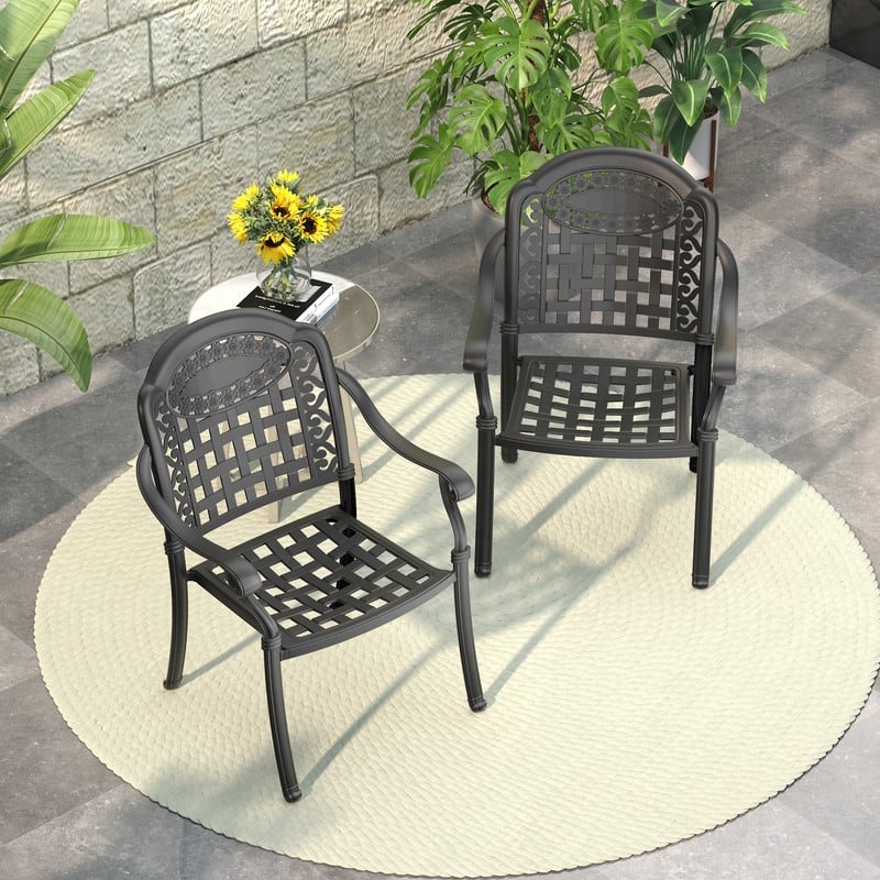 Black Stackable Cast Aluminum Patio Outdoor Dining Chairs With Blue Seat Cushions