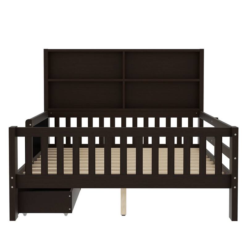 Childlike Fun Solid Wood Low-profile Platform Bed Storage Bed Frame with Side Chalkboard, Open Shelves, Drawers and Guardrails