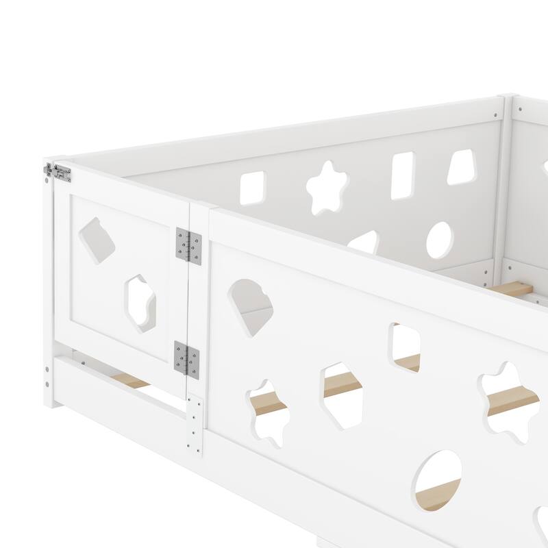 Solid Wood Montessori Floor Bed Frame, Geometric Shaped Floor Bed with Fence and Door, Wooden Slats Support