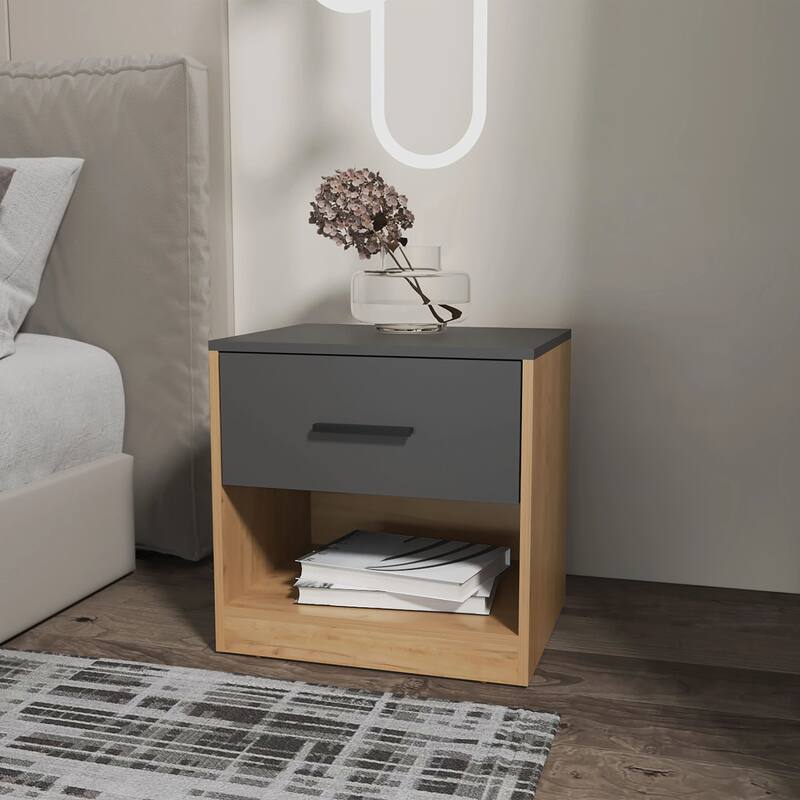 Natural Oak and Matt Grey Nightstand with Drawer and Open Shelf - Natural+Grey