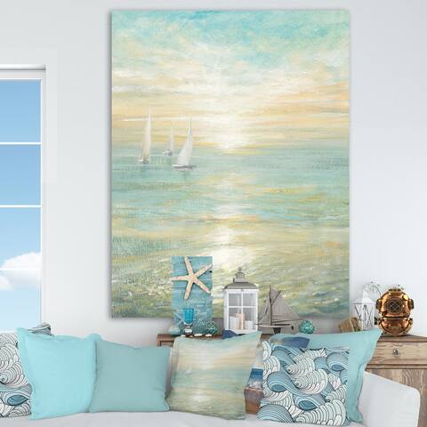 Designart 'Sunrise Boat I' Nautical & Coastal Premium Canvas Wall Art - Blue