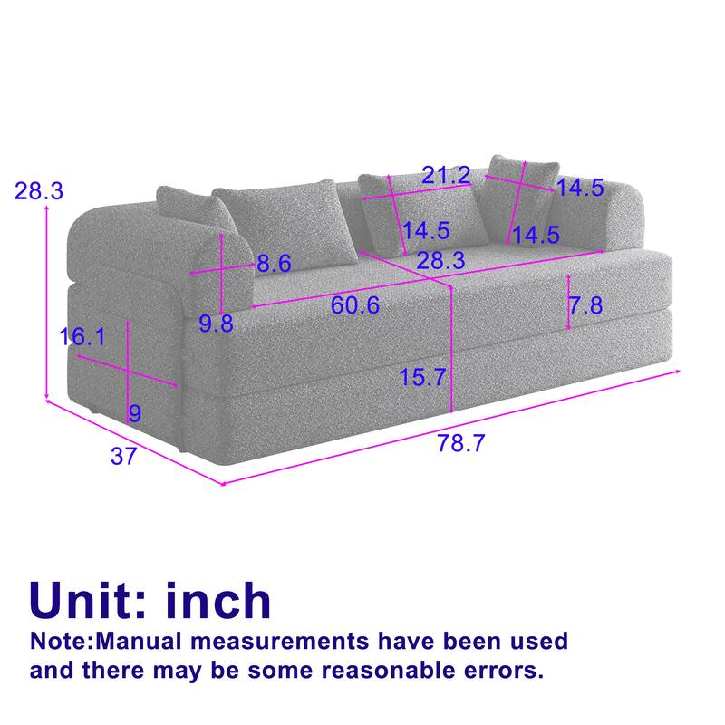 Roomfitters 78.7" Convertible Chenille Sofa Bed, Folding Sleeper Couch with Cylindrical Pillow and Side Pocket, Lounge Sofa