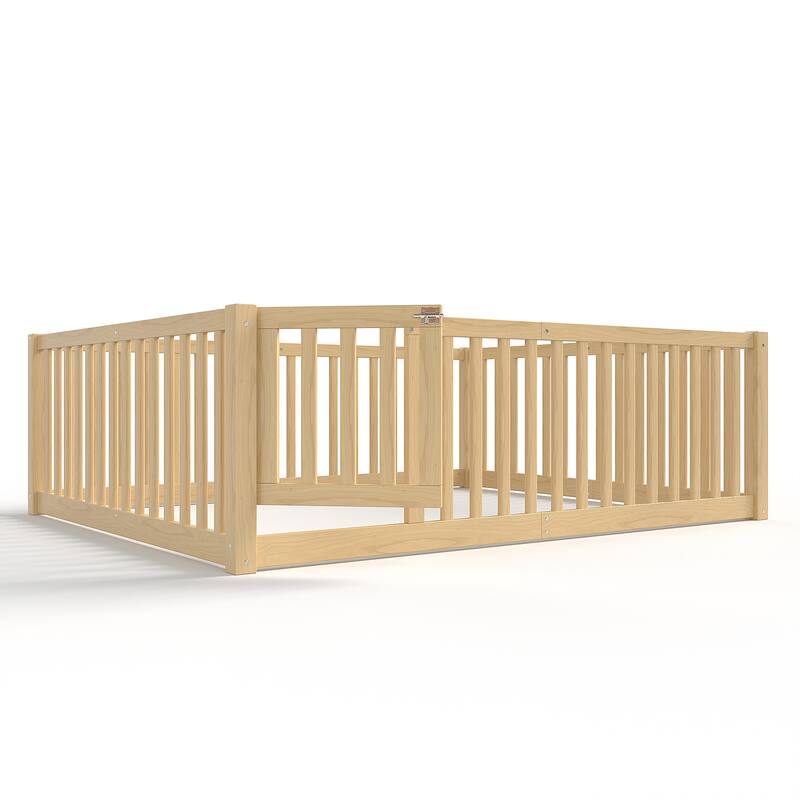 Montessori Floor Bed with Safety Guardrails & Door, Kids Low Profile Frame, Available in Queen/Full/Twin