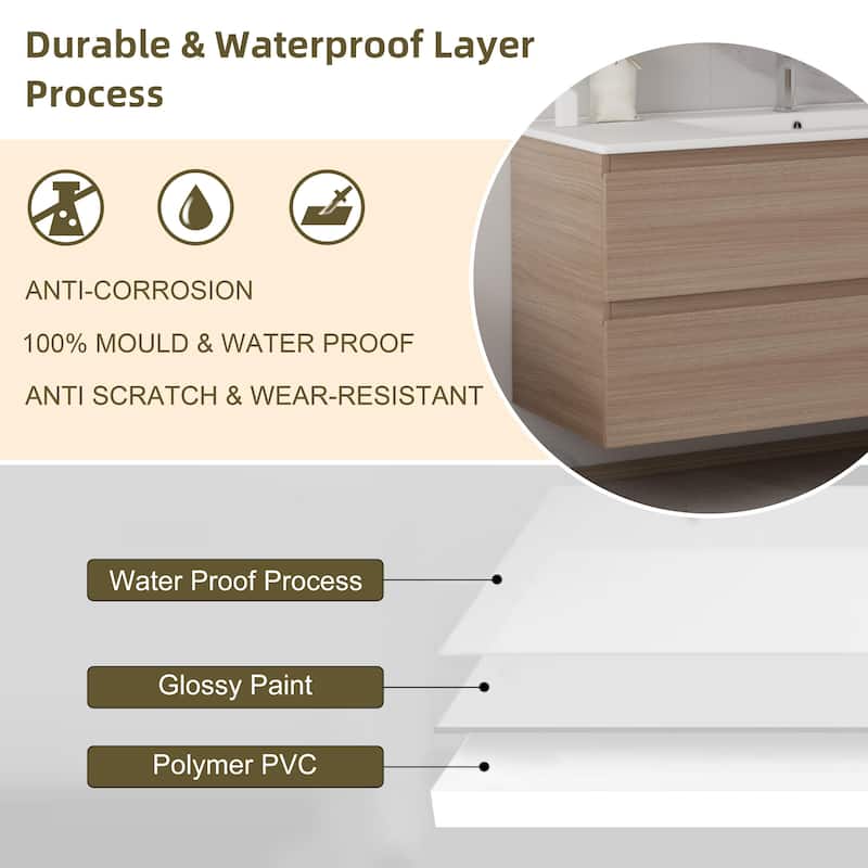 CB HOME 24''/30''/36''/48''/60'' Wall Mounted Bathroom Vanity with Sink, OAK Floating Bathroom Vanity Cabinet with Sink,Drawers.