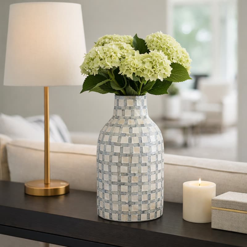 Mosaic Capiz Vase with Checkered Pattern - Tall Flower Vase - 15.75"