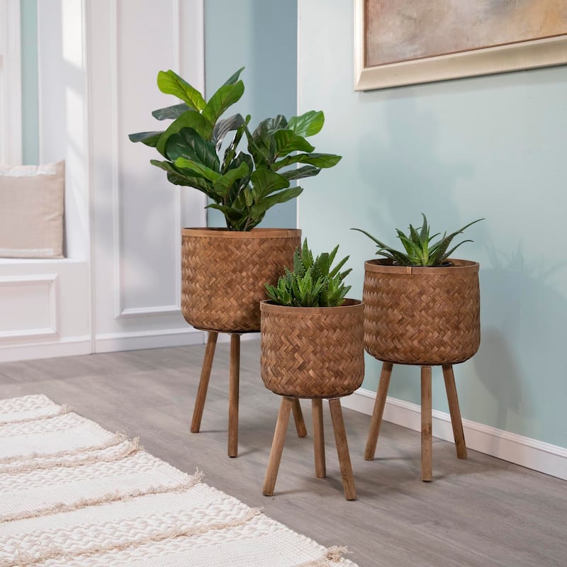11/13/15" Bamboo Planters on Wooden Stand,Set of 3