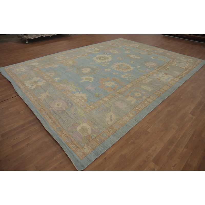 Handmade Blue Oushak Vegetable Dye Large Rug, Flora Geometric Carpet - 13' 8'' X 9' 10''