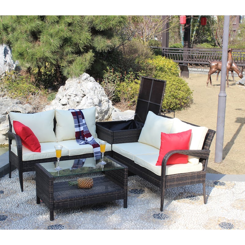 4 Piece Patio Sectional Wicker Rattan Outdoor Furniture Sofa Set with Storage Box Brown - N/A