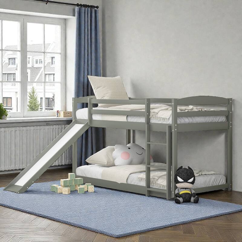 Twin over Twin Wooden Bunk Bed with Slide and Ladder, Convertible Design, Low Bunk Frame for Kids, Solid Pine & MDF