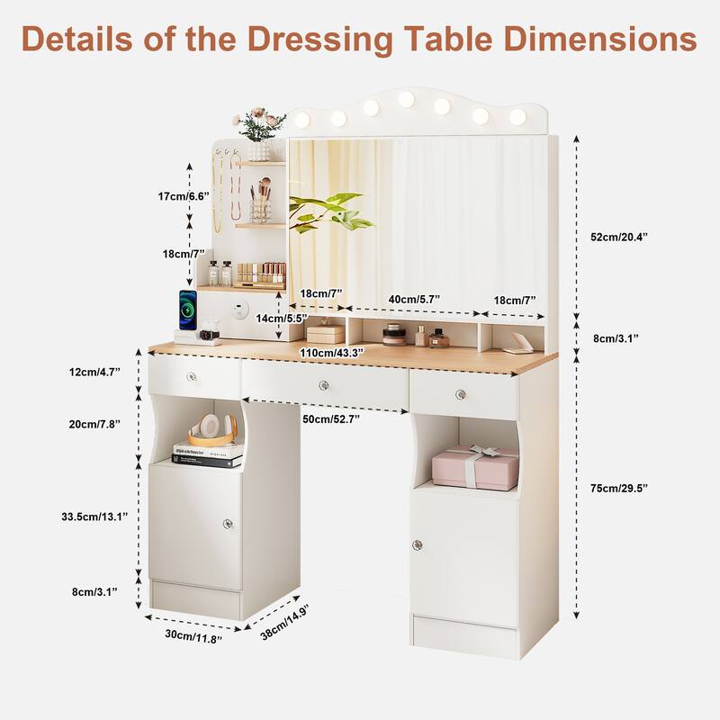 Vanity Desk with Mirror and Lights,Makeup Vanity with 2 USB Power Strip, Vanity Set with Three Drawers and Two Cabinet