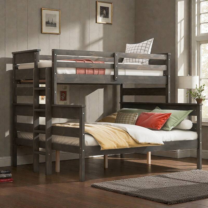 Wood Twin XL over Queen Bunk Bed with Ladder, Solid Pine Detachable Bunk Frame with Guardrails and Slat Support