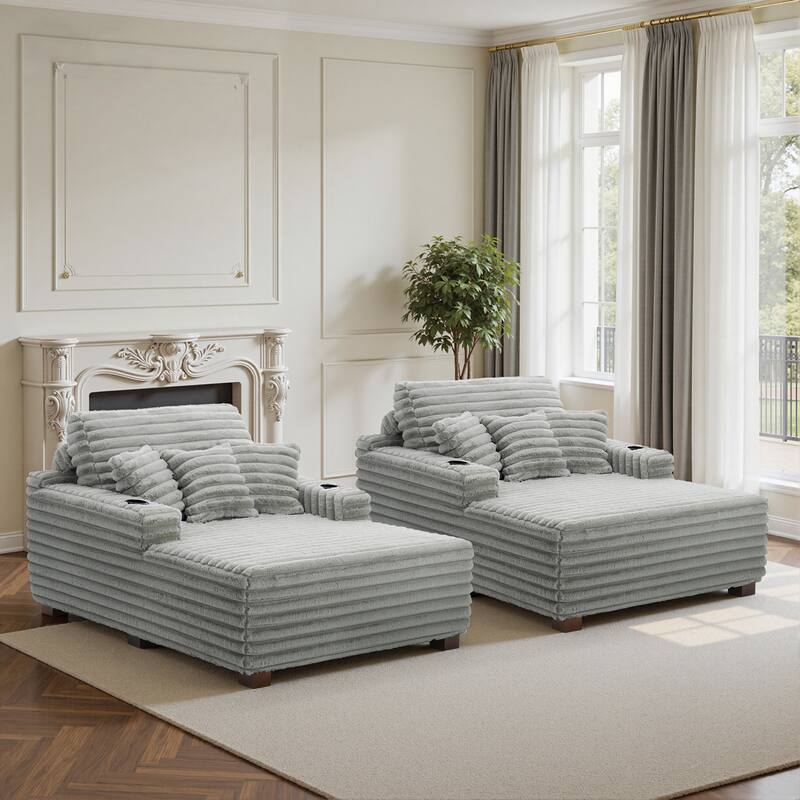 2 Set Flannel Upholstery Dual Cup Holde Chaise Lounge - Light Grey