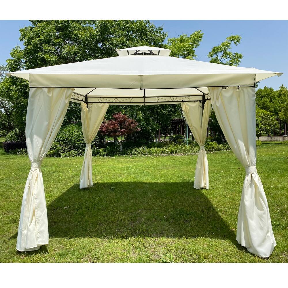 10x10Ft Outdoor Patio Garden 2-Tire Roof Gazebo with Curtain Gray